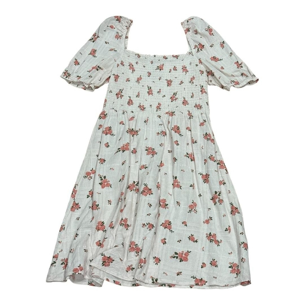 New Look Dress Womens 8 White Pink Floral Puff Sleeve Smocked Cotton Midi A-Line
